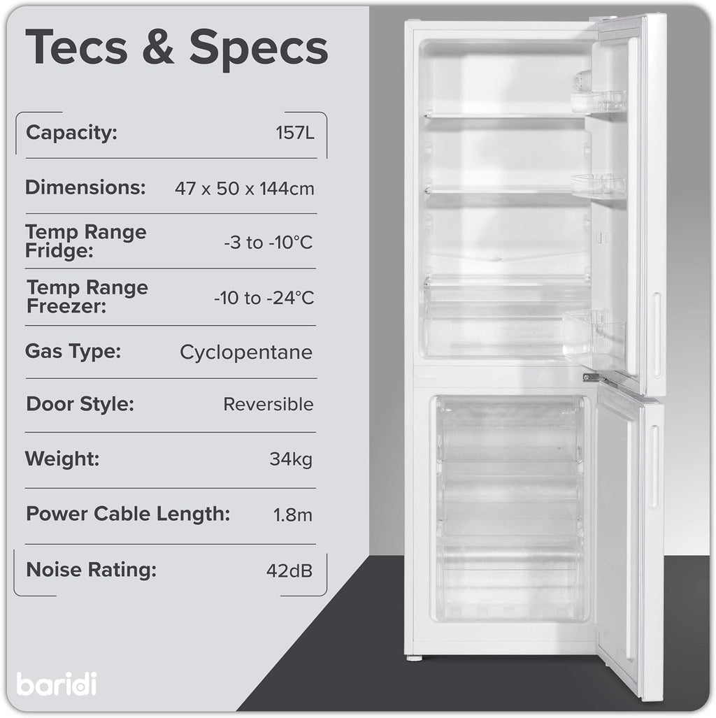 Baridi 47cm 60/40 Fridge Freezer with Adjustable Thermostat, 157L Capacity, White - DH252