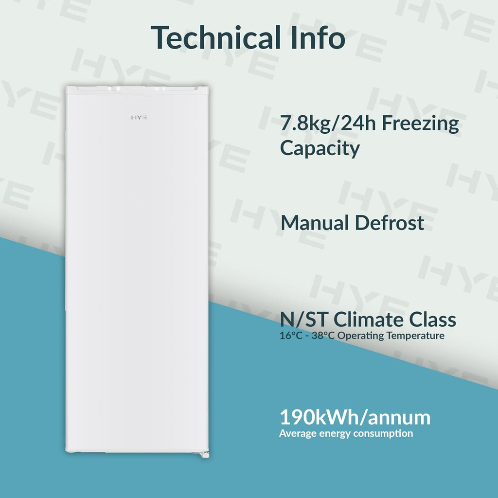 HYE Upright Freezer - 168L Capacity, 142.6cm Height, 54.5cm Height, White