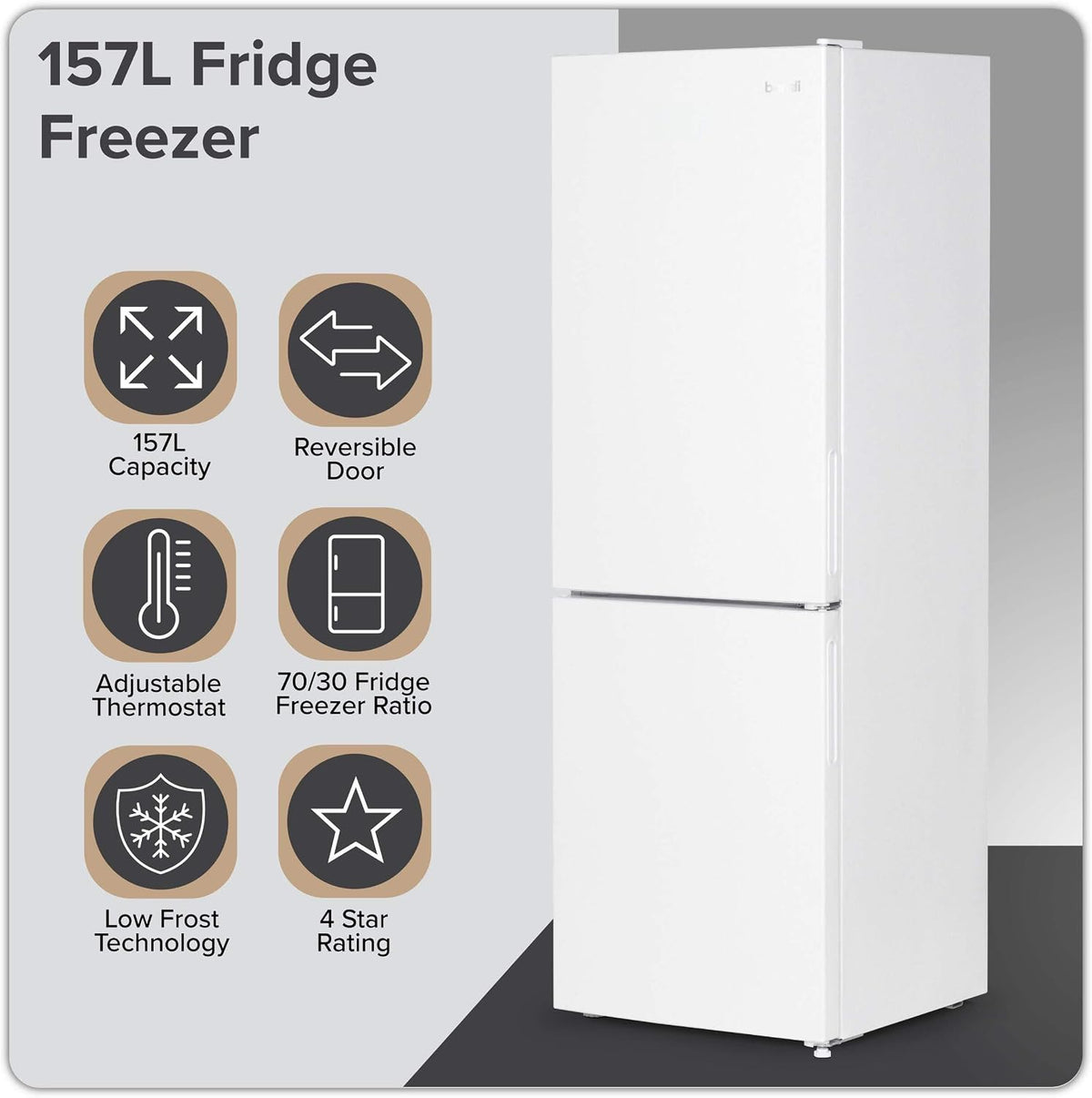 Baridi 47cm 60/40 Fridge Freezer with Adjustable Thermostat, 157L Capacity, White - DH252