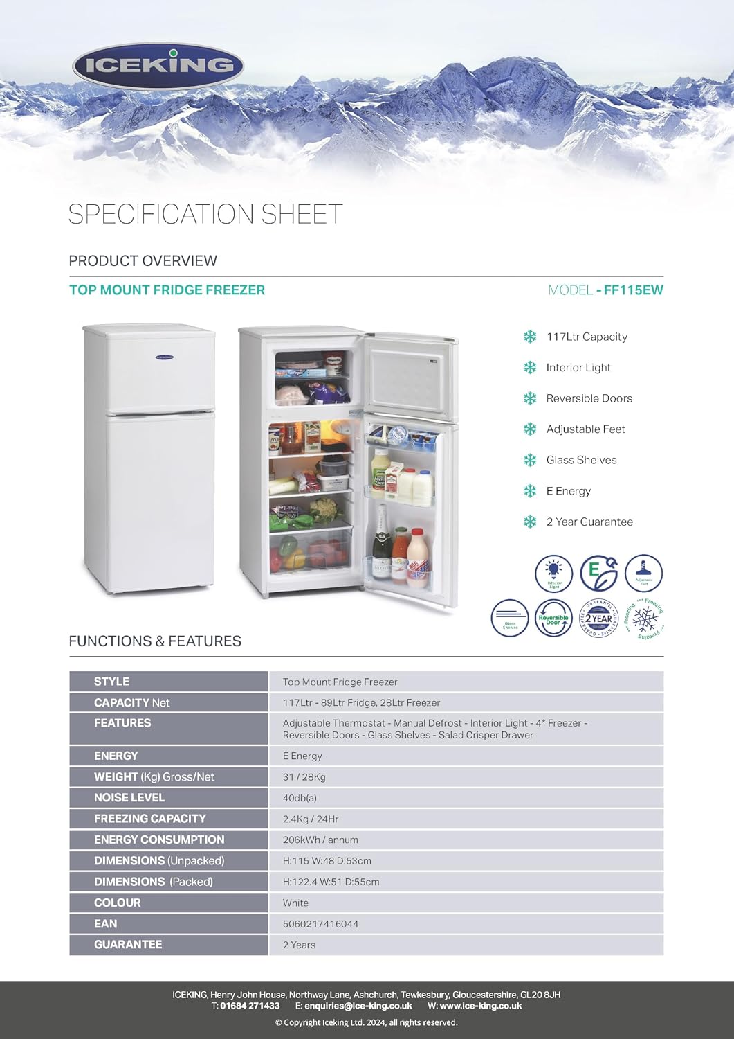 ICE KING 117L Top Mount Fridge Freezer - 4 Star - 48cm Wide - White