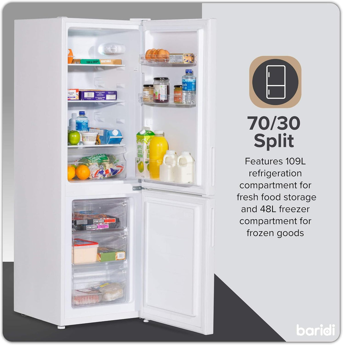 Baridi 47cm 60/40 Fridge Freezer with Adjustable Thermostat, 157L Capacity, White - DH252